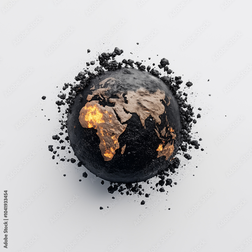 Earth as a dark glowing ball with gas explosion, fiery flares symbolize ...