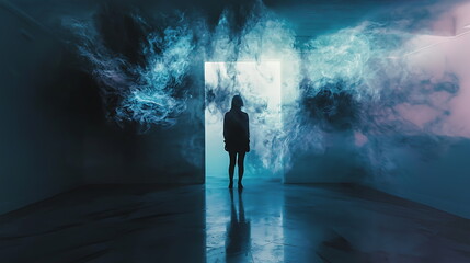 Aufkleber - The enigmatic silhouette a journey through a dreamlike realm enveloped in ethereal smoke and mystical light
