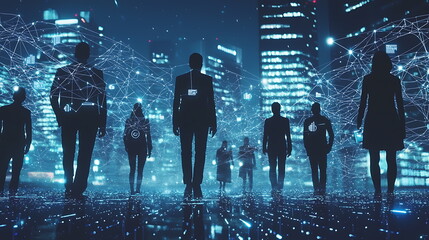 Poster - Silhouettes of professionals amidst a digital cityscape navigating the future of work in a tech-driven world