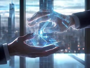Poster - Exploring the future two hands interacting with holographic technology against a dynamic cityscape background