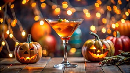 Halloween cocktail isolated blurred background. Glowing pumpkins. Photo background