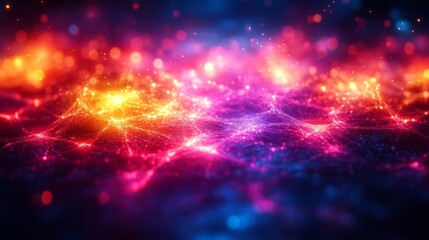 Poster - A vivid display of interconnected patterns and colors spans the scene, depicting a vibrant digital landscape filled with glowing hues that evoke a sense of movement and energy.
