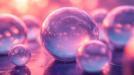 Fototapete - Bubbles of different sizes shimmer with hues of purple and pink, capturing light beautifully in a surreal setting reminiscent of twilight.
