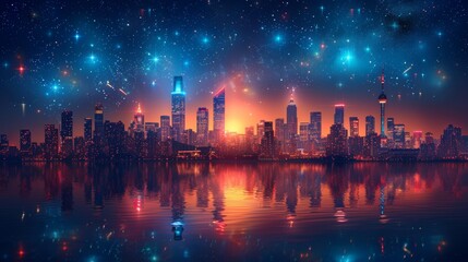 Wall Mural - Create a collection of neon skyline symbols, including shimmering cityscapes