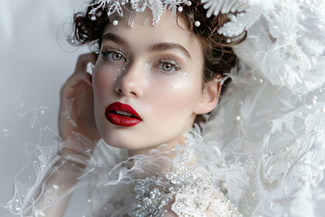 Poster - A glamorous fashion portrait in a studio setting, with the model wearing haute couture and dramatic makeup, posing against a white backdrop