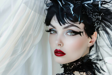 A glamorous fashion portrait in a studio setting, with the model wearing haute couture and dramatic makeup, posing against a white backdrop