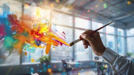 creative strategy: businessperson merging art and business with paintbrush and pen in office setting