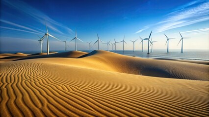 Wall Mural - forced perspective offshore wind farm with sand dune in foreground