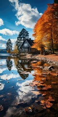 Canvas Print - Cabin by a lake in fall