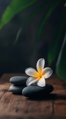 Poster - White frangipani flower delicately balanced on black stones, creating a serene spa atmosphere perfect for wellness and self care
