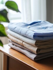 Leinwandbilder - A collection of neatly folded minimalist sportswear sits on a smooth wooden table, surrounded by soft natural light. Generative AI