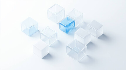 Fototapete - Clear and blue geometric blocks arranged on white surface create modern and minimalist aesthetic. interplay of transparency and color adds depth and interest to composition