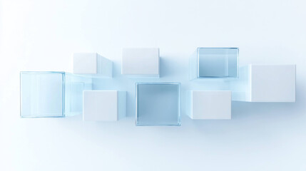 Fototapete - Minimalist isometric design of connected blocks in blue and frosted glass, creating modern and clean aesthetic. arrangement evokes sense of harmony and balance