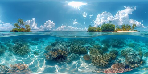 Canvas Print - An immersive 360-degree panorama of a vibrant coral atoll, surrounded by crystal-clear turquoise waters and fringed by palm-lined