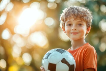 A young boy holding a soccer ball outdoors during a sunny afternoon in a park