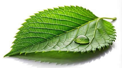 Wall Mural - Green leaf with water drop isolated on white background