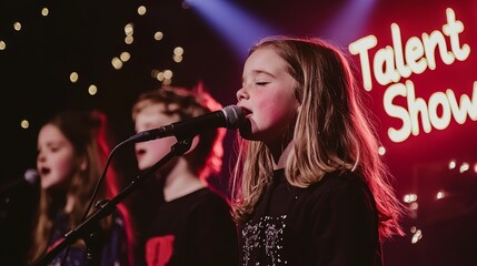 Two young performers singing on stage at a talent show, with vibrant lights and a festive mood.