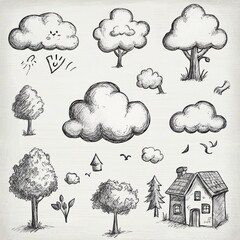 Poster - A collection of hand-drawn doodles featuring lively clouds, various trees, and a quaint house, showcasing a playful sketching style. Generative AI