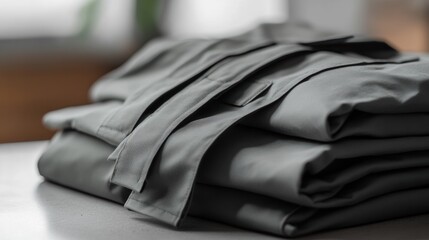 Aufkleber - A collection of minimalist sportswear is folded neatly on a smooth table, showcasing a clean and organized style for active lifestyles. Generative AI