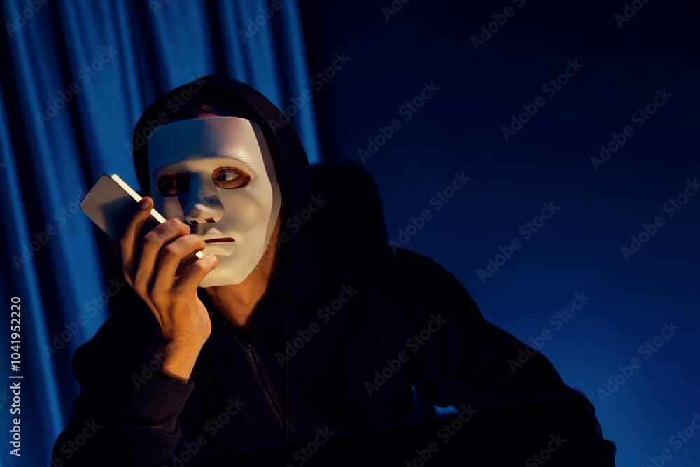 White criminal anonymous mask calling to IT owner to threaten ransom ...