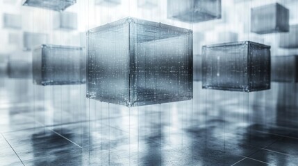 Fototapete - Translucent cubes levitate in a modern art setting, reflecting light and creating a serene ambiance. The digital enhancements add depth and intrigue to the environment.