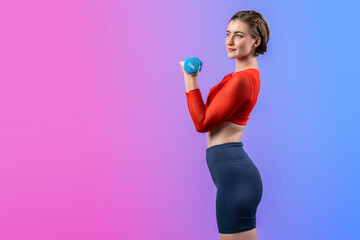 Full body length gaiety shot athletic and sporty woman with dumbbell for weight lifting as bodybuilding exercise in standing posture on isolated background. Healthy active and body care lifestyle