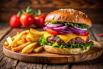 Delicious beef burger with melted cheese, tomatoes, onions, and fries