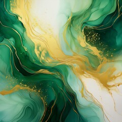 Wall Mural - abstract green and gold watercolor background with marble effect