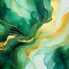 Wall Mural - abstract green and gold watercolor background with marble effect