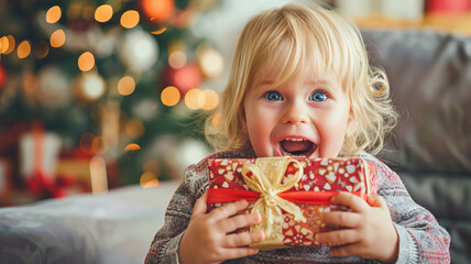 Wall Mural - Excited blonde toddler girl with a joyful expression, holding a Christmas gift, sitting in front of a glowing Christmas tree with presents and decorations all around