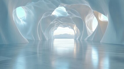Fototapete - The interior features flowing, organic shapes illuminated by soft light, creating a tranquil ambiance reminiscent of a natural cavern or an artistic installation.