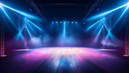 Wall Mural - empty stage for shows with neon lighting and haze in tilted angle