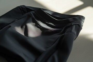 Aufkleber - Neatly folded minimalist sportswear rests on a smooth table, illuminated by soft daylight filtering through nearby windows. Generative AI