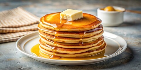 Delicious breakfast of pancakes with butter and syrup