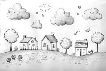 Poster - Soft pencil doodles depict a delightful scene with whimsical trees, houses, fluffy clouds, and playful hearts scattered above. Generative AI