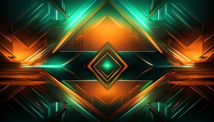 Wall Mural - orange and green neon geometric pattern background with a mirrored reflection background green mirro
