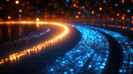 Abstract Lights Trails in Blue and Orange Color on Black Background