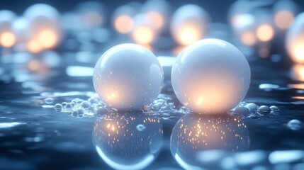 Poster - Two luminous white spheres rest on a still water surface, surrounded by gentle bubbles, reflecting the calmness of dusk in an ethereal environment.