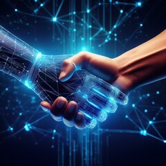 Two hands shaking in a futuristic digital style. Each hand is formed by interconnected nodes and lines, representing technology or a virtual connection. The background is a glowing blue, highlighting 