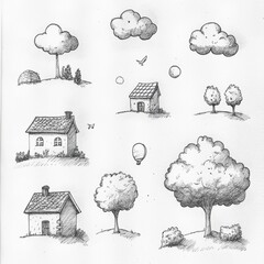 Poster - A collection of hand-drawn pencil sketches depicting trees, houses, and clouds in a charming and simplistic doodle style. Generative AI