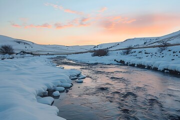 Majestic sunrise in the winter mountains landscape., A tranquil and magical winter landscape in wide format, featuring a snowy forest filled with Christmas trees, each tree beautifully decorated and 
