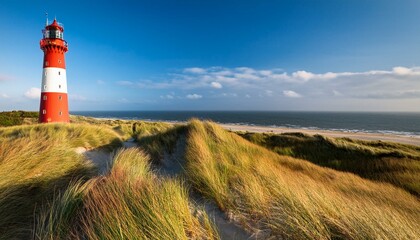 Wall Mural - proud enchanting red german breathtaking a breathtaking stock photo showcasing a red and white lighthouse standing proudly on a wide dune in the enchanting german island of sylt