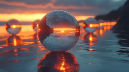Poster - Calm water reflects perfectly spherical orbs as the sun sets on the horizon, casting a warm glow over the serene landscape during dusk.