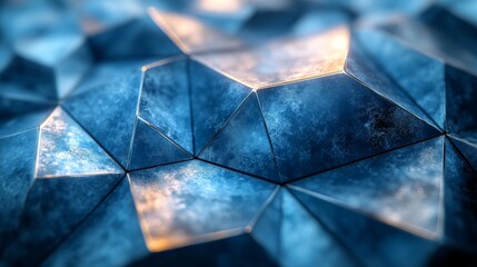 Fototapete - The artwork showcases a complex arrangement of blue metallic shapes, their reflective surfaces catching light in varying angles, creating a visually striking abstract composition.