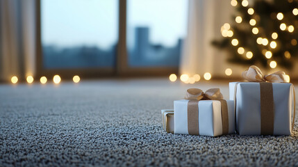 A pile of opulently wrapped Christmas presents in white and gold, arranged on a plush carpet, surrounded by glowing bokeh lights and a softly blurred window, creating a luxurious h