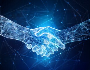 Two hands shaking in a futuristic digital style. Each hand is formed by interconnected nodes and lines, representing technology or a virtual connection Ai Generated Image