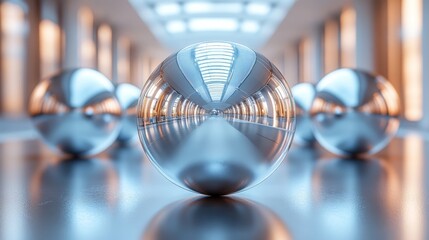 Poster - Several shiny spheres are placed in a polished hallway filled with natural light. The reflections create intriguing patterns on the surfaces around them.