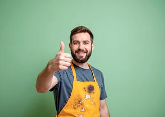 Bearded man with cheerful expression giving thumbs up against green background with copy space