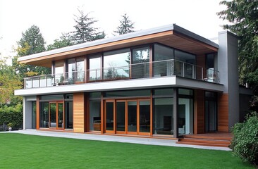 A contemporary, minimalist house in an Italian mountainous region with large windows and glass walls overlooking the green lawn, a white terrace on two floors, a swimming pool behind it