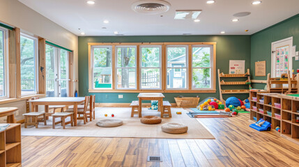 Montessori classroom where young students explore learning stations, engaging in hands-on activities at their own pace